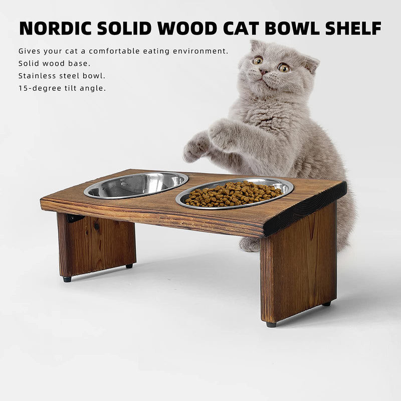 Raised Tilted Cat Bowl, Elevated Slanted Feeding Bowl for Cat and Dogs, Pet Food and Water Bowl with Adjustable Wooden Stand, Anti Slip Dog Cat Feeder with 2 Stainless Steel Bowls - PawsPlanet Australia