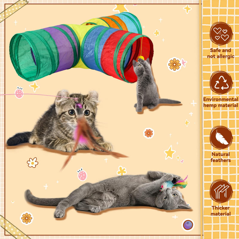 BWOGUE 22PCS Cat Toys Kitten Toys Set,Collapsible 3 Way Cat Tunnels for Indoor Cats,Interactive Cat Feather Toy Fluffy Mouse Tumbler Crinkle Balls Bells Spring Toys Set for Cat Kitty Puppy Rabbit - PawsPlanet Australia
