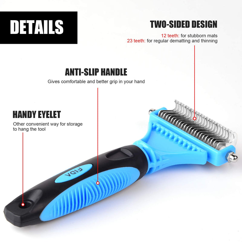 Fida Dematting Tool for Dogs and Cats - 2 Sided Pet Undercoat Rake - Safe Grooming & Deshedding Brush - Comb Out Mats & Tangles Easily - PawsPlanet Australia