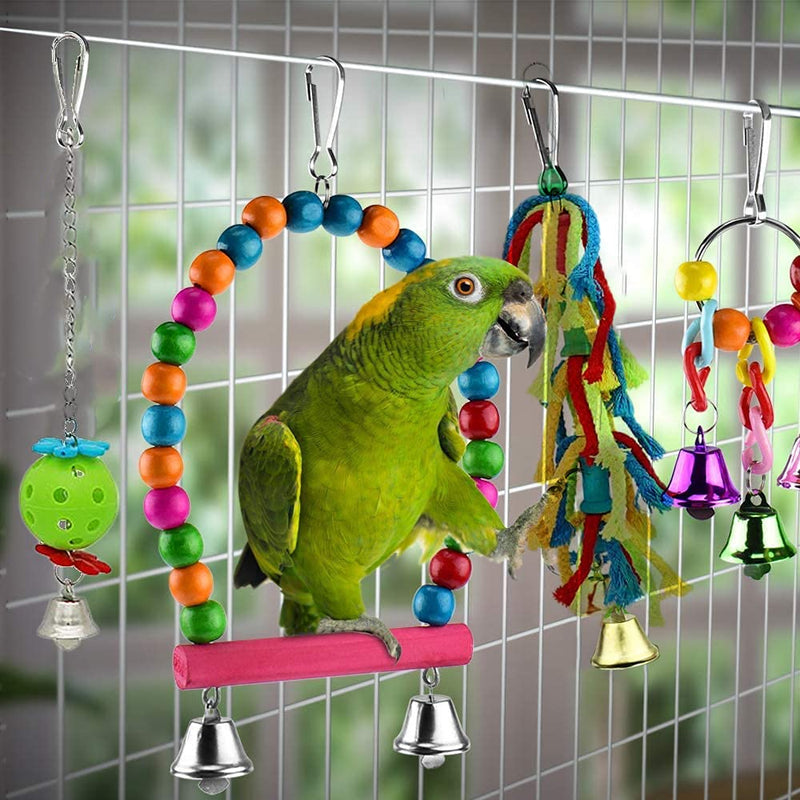 Dofyou 6pcs Bird Parrot Toys Hanging Bell Chewing Natural Wood and Rope Bungee Bird Toy for Small Parakeets Cockatiels, Conures, Macaws, Parrots, Love Birds, Finches - PawsPlanet Australia