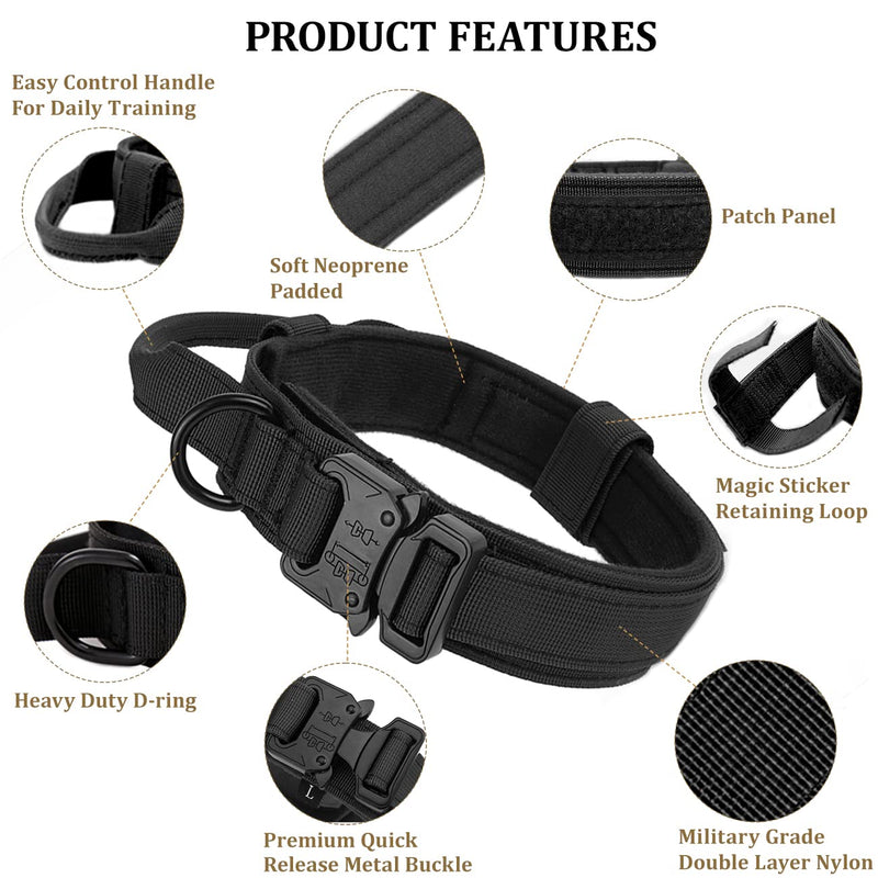 Tactical Dog Collar, Adjustable Collar with Control Handle, Soft Padded Nylon Dog Collar with Robust Metal Buckle for Medium Large Dogs XL Black - PawsPlanet Australia