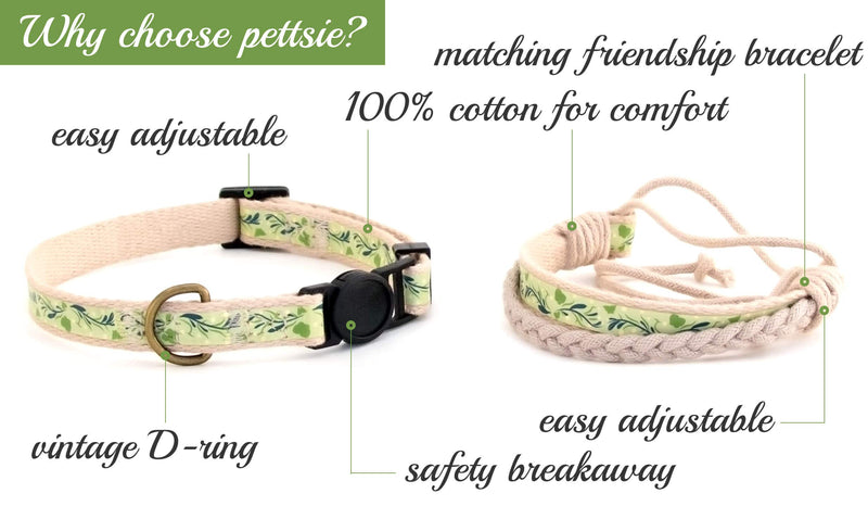 [Australia] - Pettsie Cat Collar Breakaway & Matching Friendship Bracelet, Eco-Friendly Gift Box, D-Ring for Accessories, 100% Cotton for Extra Safety & Comfort, Easy Adjustable Green 