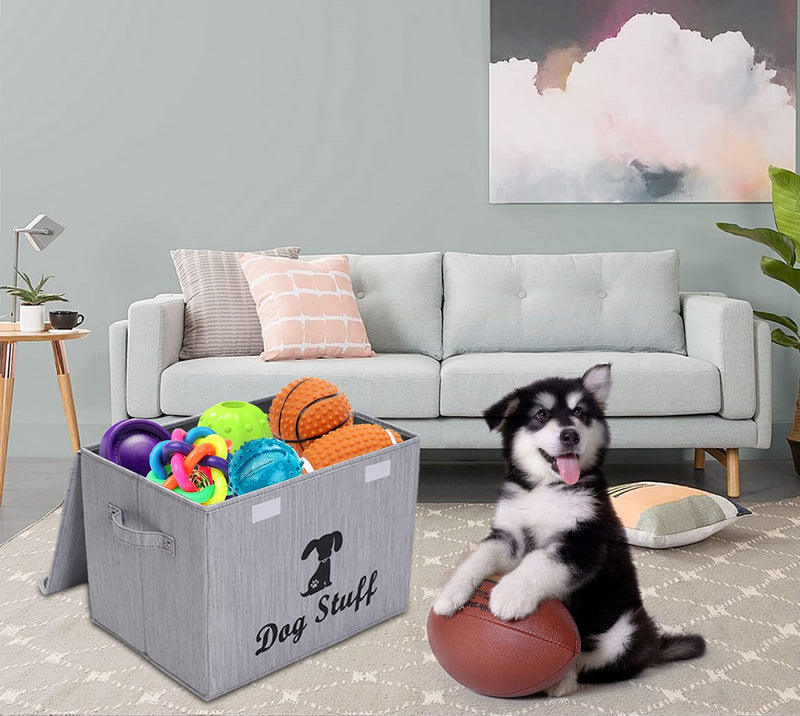 Morezi Large dog bin 17"x12" inch linen-cotton blend dog toy basket with lid - collapsible dog toy bin for organizing dog cat toys and accessories - BambooStripe - Gray BambooStripe Gray - PawsPlanet Australia