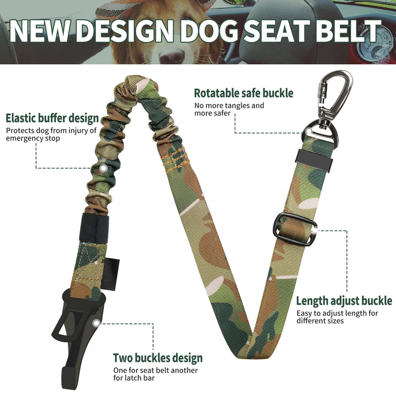 Dog Seatbelt, Updated 3-in-1Pet Car Seat Belt for Dogs, Bungee Dog Car Tether with Clip Hook Latch & Buckle, Heavy Duty Dog Safety Belt Harness with Swivel Aluminum Carabiner Camo - PawsPlanet Australia