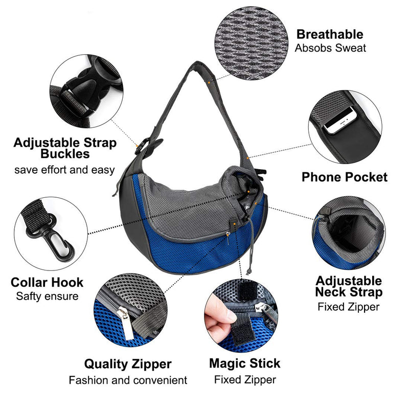 [Australia] - Pet Carrier Hand Free Sling for Cats Dogs Bunny Breathable Net Adjustable Padded Strap Tote Shoulder Bag Front Pocket Up to 11 lbs Safety for Small Dog Cat Puppy Outdoor Travel Washable S Size Blue 
