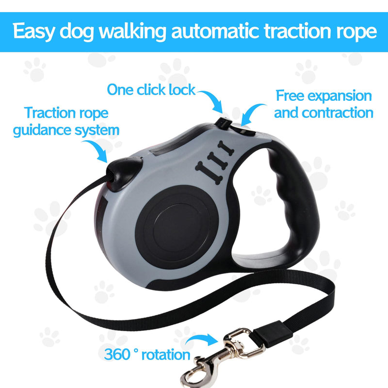 Roll-up dog leash, 1 piece, gray, 5 m roll-up leash for dogs, automatic extendable dog leash, anti-slip handle and quick brake button for small dogs up to 25 kg - PawsPlanet Australia