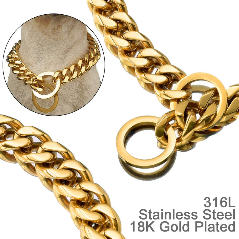 [Australia] - W&W Lifetime Custom Ultra Strong 19MM 14K Gold Plated Slip Chain Dog Collar - for Pit Bull Mastiff Bulldog Big Breeds O Clasp 18" Collar 