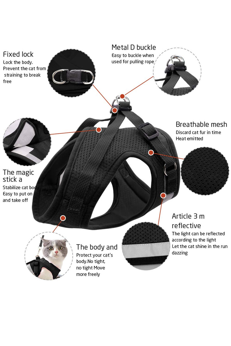 AEITPET Cat Harness, kitten Cat Harness and Lead Set for Walking, Small Cat and Puppy Dog Harness Small Dog Soft Mesh Vest Harness Adjustable Comfort Fit for Pet Kitten (S, black) S - PawsPlanet Australia