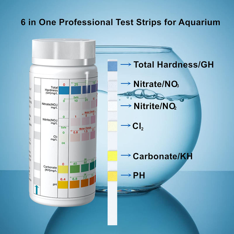 6 in 1 Aquarium Test Strips,100 Strips Fish Tank Test Kit for Testing PH Nitrite Nitrate Chlorine General & Carbonate Hardness, Accurate Saltwater and Freshwater Aquarium Water Testing 6 in 1 - PawsPlanet Australia