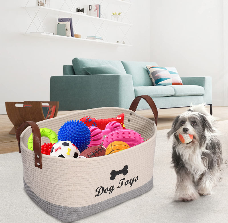 Large cotton dog toy basket, 16.5"x10.6"x 7.5" puppy toy basket, puppy bins, pet organizer, laundry basket storage bin - Perfect for organizing pet toys, blankets, leashes, coat and stuff - Beige Gray - PawsPlanet Australia