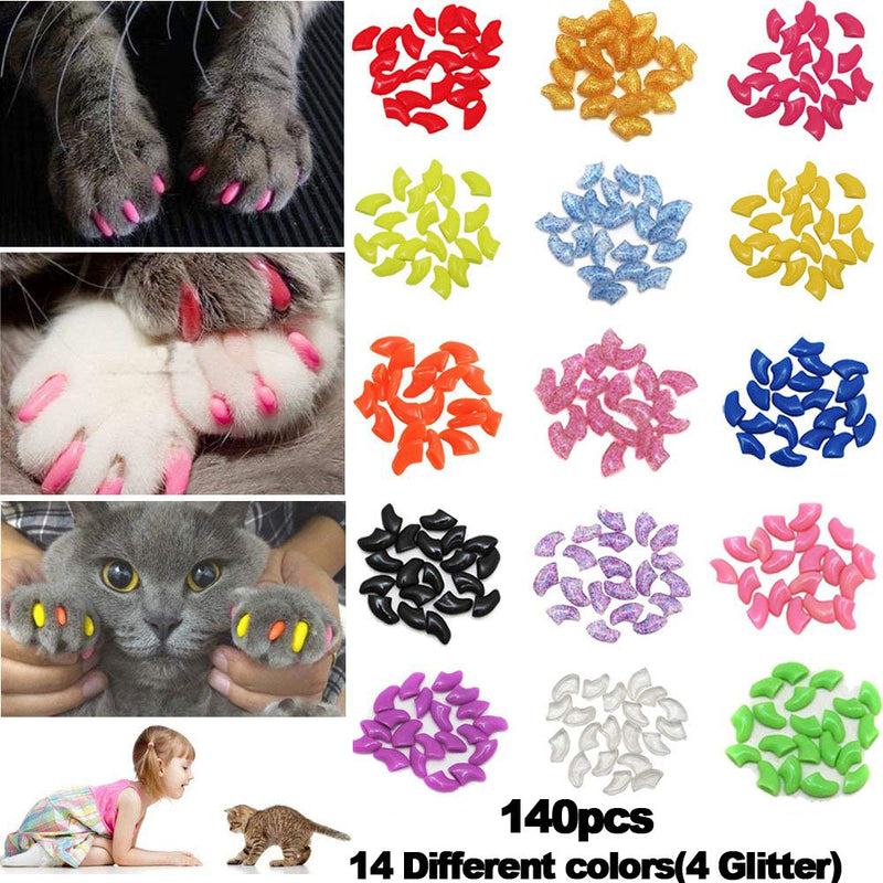 [Australia] - JOYJULY 140pcs Pet Cat Kitty Soft Claws Caps Control Soft Paws of 4 Glitter Colors, 10 Colorful Cat Nails Caps Covers + 7 Adhesive Glue+7 Applicator with Instruction XS 