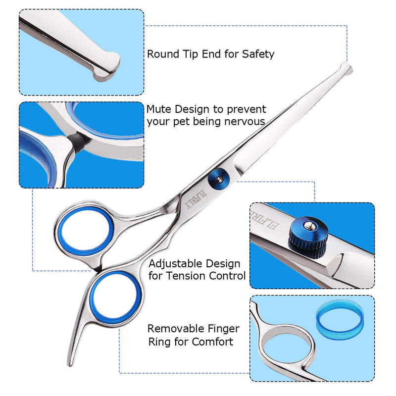 Elfirly Professional Dog Grooming Scissors Kit Stainless Steel Round Tip Cutting Curved Scissors Thinning Shears Grooming Comb Pet Hair Trimming Scissors with Extra Dog Nail Clippers for Dogs and Cats Blue - PawsPlanet Australia