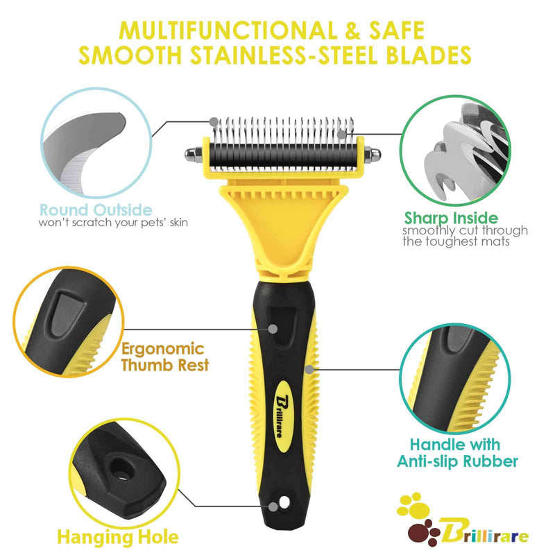 BRILLIARE Dematting Tool+Free Stainless-Steel Comb, Pet Grooming Tool, 2 Sided Undercoat Blade Rake for Cat&Dog, Deshedding Brush for Easy Mats&Tangles Removing, No More Nasty Shedding and Flying Hair - PawsPlanet Australia