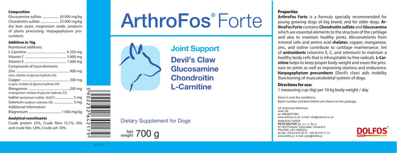 PETS Dolfos ArthroFos Forte 700g powder Glucosamine Chondroitin with Devil's Claw and L-Carnitine for Junior and Senior Dogs of large and giant breeds - PawsPlanet Australia