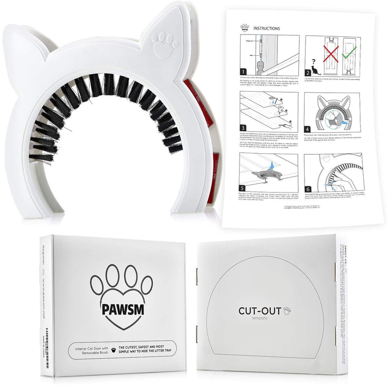 PAWSM Cat Door Removable Brush Grooms Kitty | Hides Litter Box from Kids and Dog | Cat Door for Interior Door | White - PawsPlanet Australia