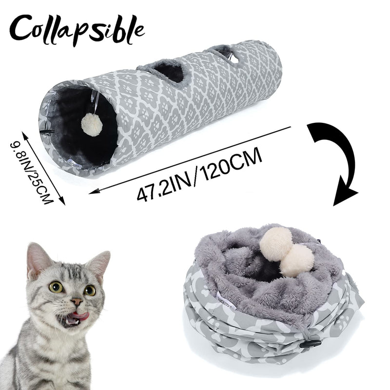 LUCKITTY Geometric Cat Tunnel with Plush Inside,Cats Toys Collapsible Tunnel Tube with Balls, for Rabbits, Kittens, Ferrets,Puppy and Dogs Grey-Paw - PawsPlanet Australia