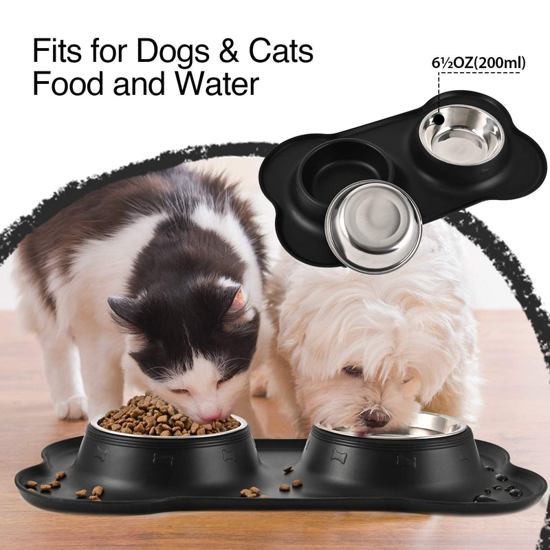 Juqiboom Dog Bowls 2 Stainless Steel Bowl for Pet Water and Food Feeder with Non Spill Skid Resistant Silicone Mat for Pets Puppy Small Medium Cats Dogs 6½ oz ea Black - PawsPlanet Australia