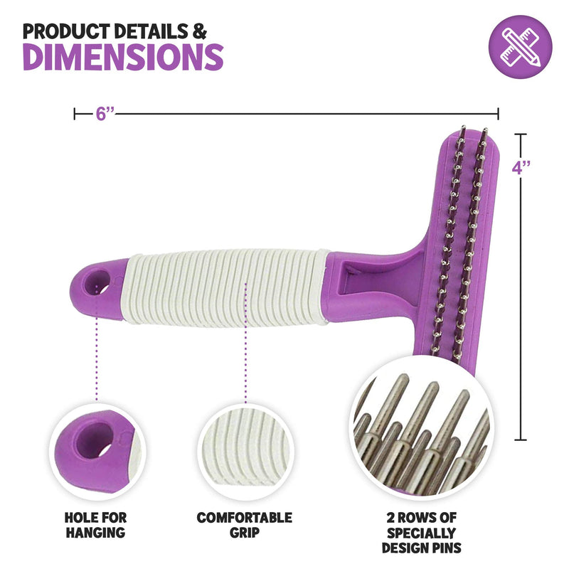 Poodle Pet Dog Grooming Rake| Dematting Tool with Stainless Steel Shedding Comb for Pets | 2 Rows of Pins Gently Remove Loose or Tangled Hair from Undercoat | Purple Handle - PawsPlanet Australia