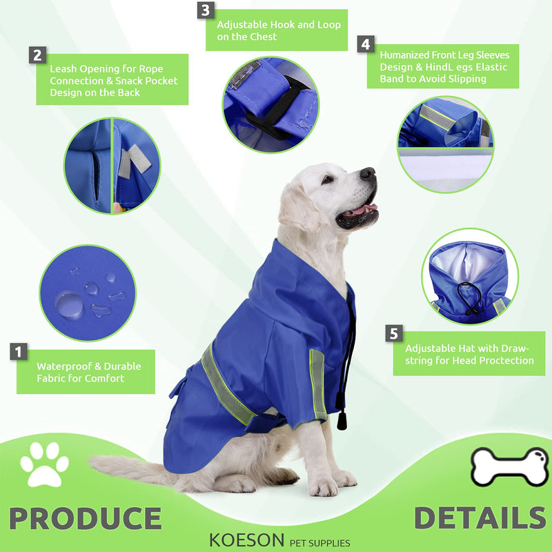 KOESON Dog Raincoat Pet Waterproof Jacket with Hood, Reflective & Adjustable Rainwear Lightweight Poncho Coat with Harness Hole, Breathable Rainproof Slicker Clothes for Medium Large Dogs Blue XL X-Large - PawsPlanet Australia