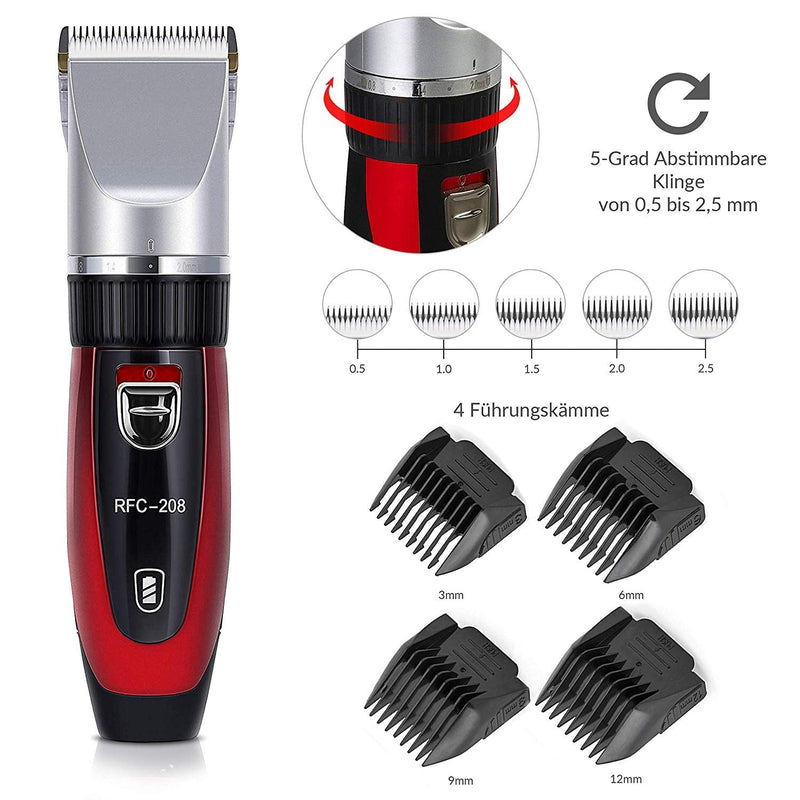 Ceramics RFC-208 Pet Grooming Kit Quiet and Low-Noise Pet Hair Trimmer with Turbo Sense Technology and 4 Attachments for 25 Cutting Lengths, Wireless Rechargeable Pet Hair Trimmer Red - PawsPlanet Australia