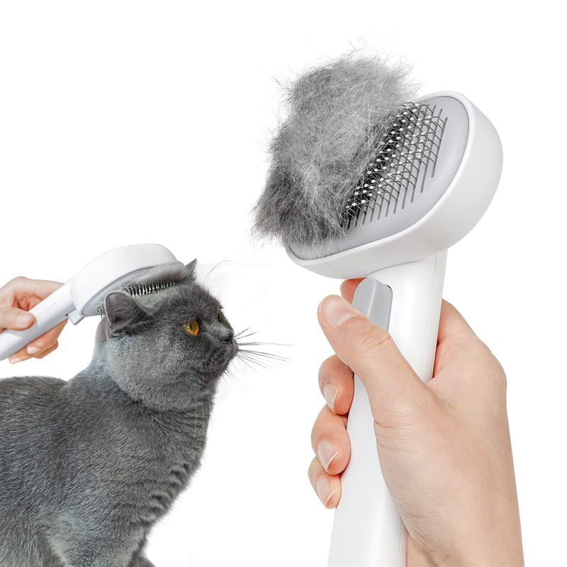 Cat brush short hair, aumuca cat brush with one button, pet brushes, self-cleaning fur brush cat for long hair and short hair for removing loose fur and dirt - white - PawsPlanet Australia