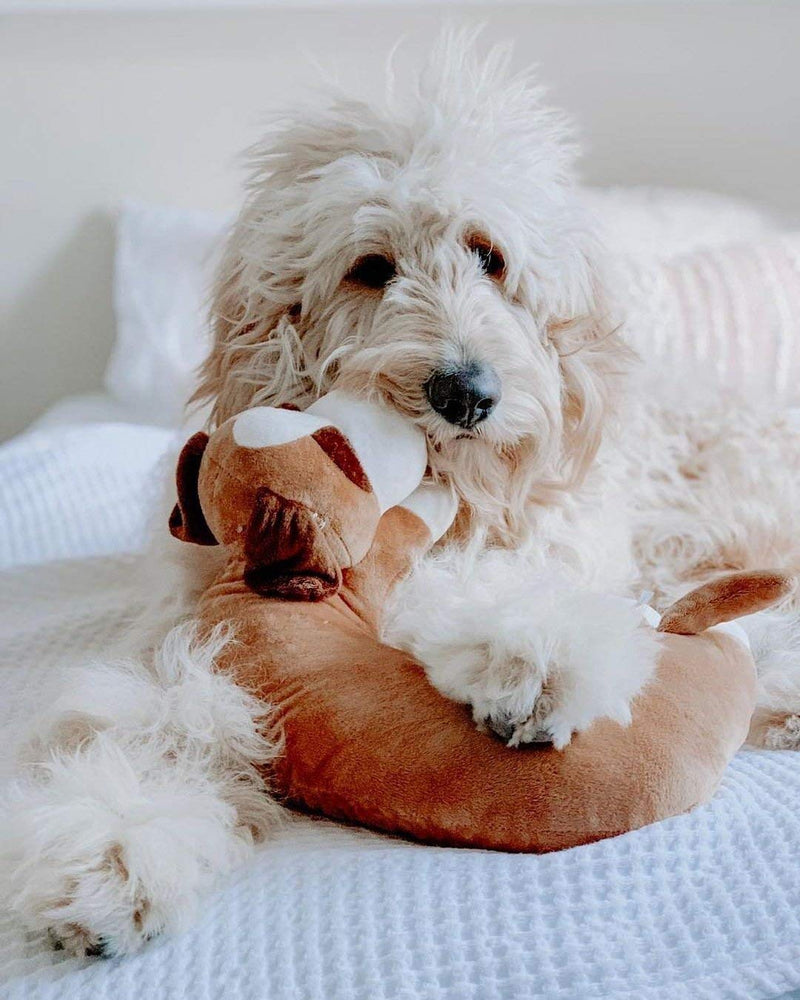 [Australia] - The Dog Pillow Company Plush Pet Pillow/Dog Neck Pillow for Upper Spine and Calming Support, Brown with White Paws, 12 x 12 x 6 Inches 