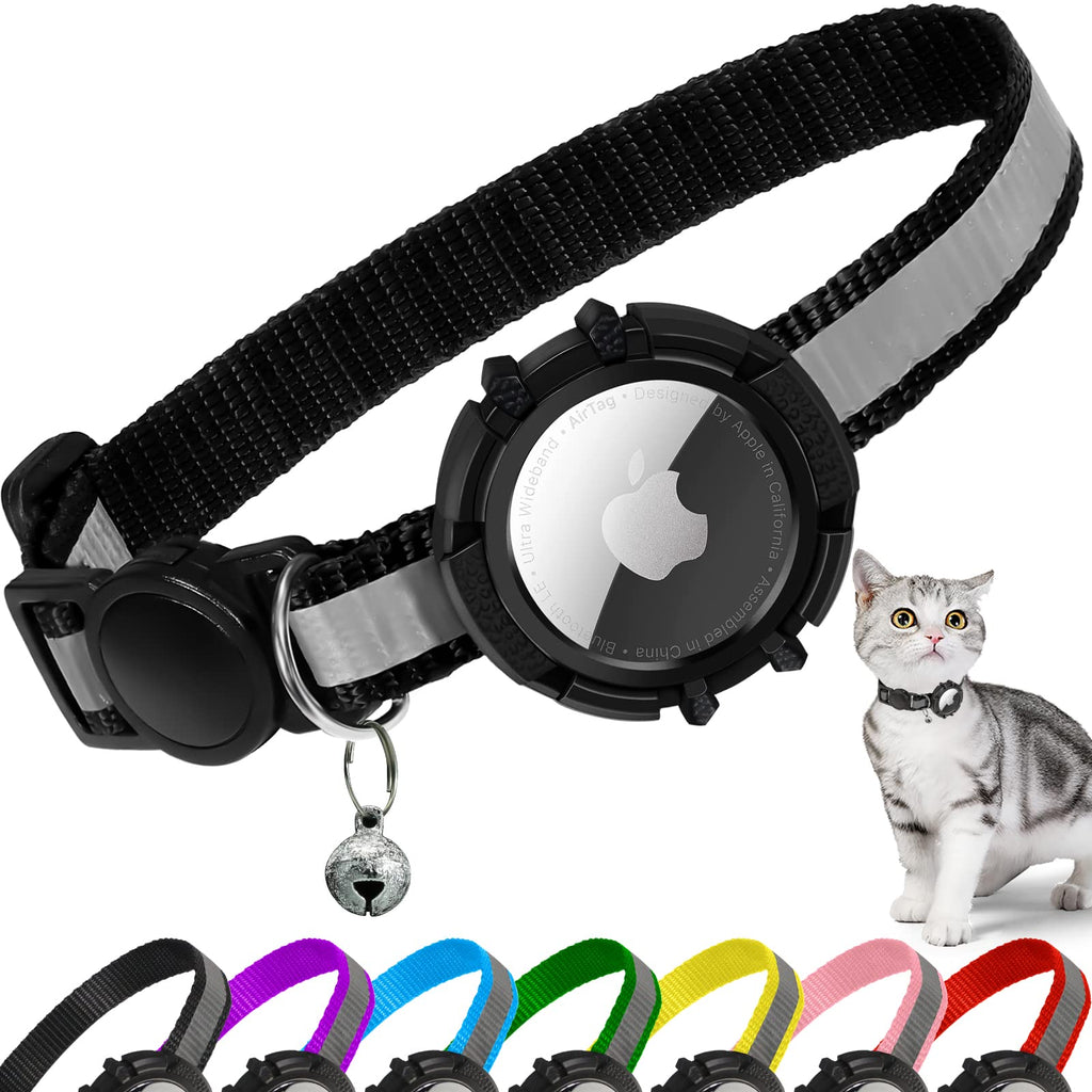 Airtag Cat Collar Breakaway, Reflective Kitten Collar with Apple Air Tag Holder and Bell, Lightweight Tracker Cat Collar for Girls Boys Cats, Kittens, Puppies (Black, XS) 7-9 Inch (13-23cm) Black - PawsPlanet Australia