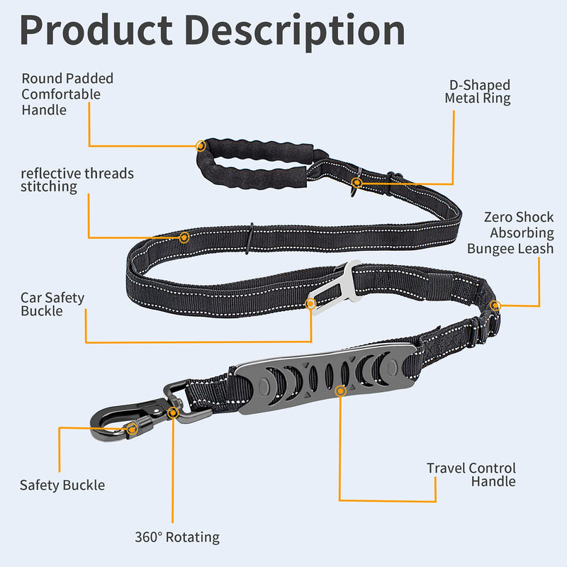 HUIARLE 4-6FT Bungee Dog Leash Multifunctional Strong Dog Rope, Dog Car Harness with Seatbelt Buckle, Heavy Duty Dog Leash with Highly Reflective Threads and Buffer for Medium and Large Dogs … small black - PawsPlanet Australia