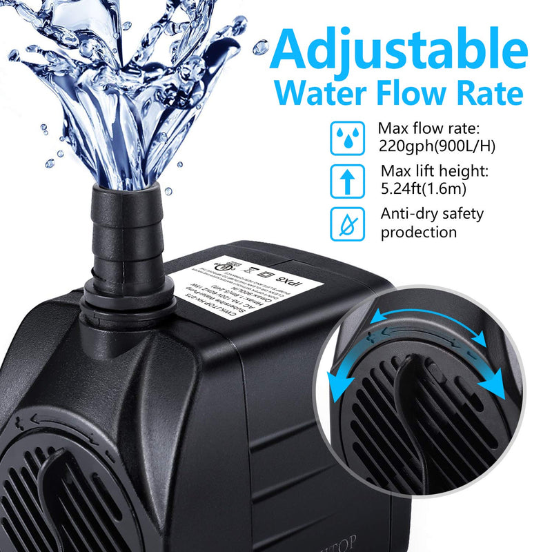 CWKJ Fountain Pump, 220GPH(15W 900L/H) Submersible Water Pump, Durable Outdoor Fountain Water Pump with 7.2ft（2.2m） Power Cord, 3 Nozzles for Aquarium, Pond, Fish Tank, Water Pump Hydroponics - PawsPlanet Australia