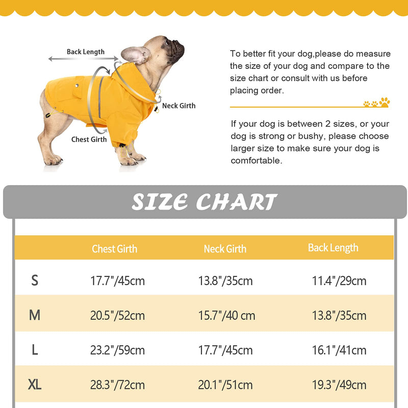 Kuoser Waterproof Dog Rain Coat with Removable Hood, Reflective Puppy Rain Jacket Packable Dog Poncho with D-ring & Pocket, Lightweight Pet Slicker Rainwear for Small Medium Dogs Cats S---Chest Girth: 17.7"/45cm Yellow - PawsPlanet Australia