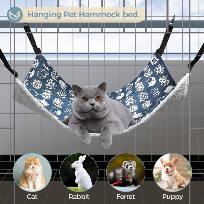 ComSaf Reversible Cat Hammock, Breathable Pet Cage Hammock with Adjustable Straps and Metal Hooks, Double-Sided Hanging Pet Hammock Bed for Cats, Ferret, Puppy, Other Small Animals, 22 x 19 inch Blue - PawsPlanet Australia