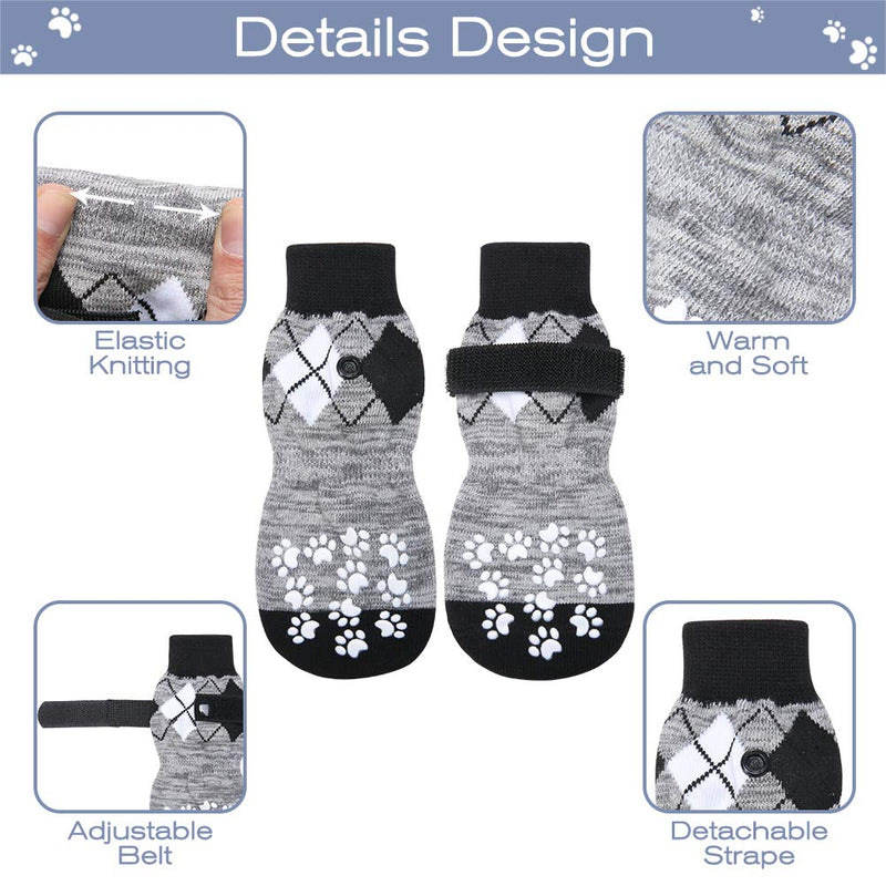 PUPTECK Double-Side Anti-Slip Dog Socks - 6 Pack Strong Traction Control for Indoor on Hardwood Floor with Adjustable Straps and Classic Rhombus Plaid Pattern, Puppy Pet Paw Protection S: length 5.9" foot width 2.15" Grey - PawsPlanet Australia