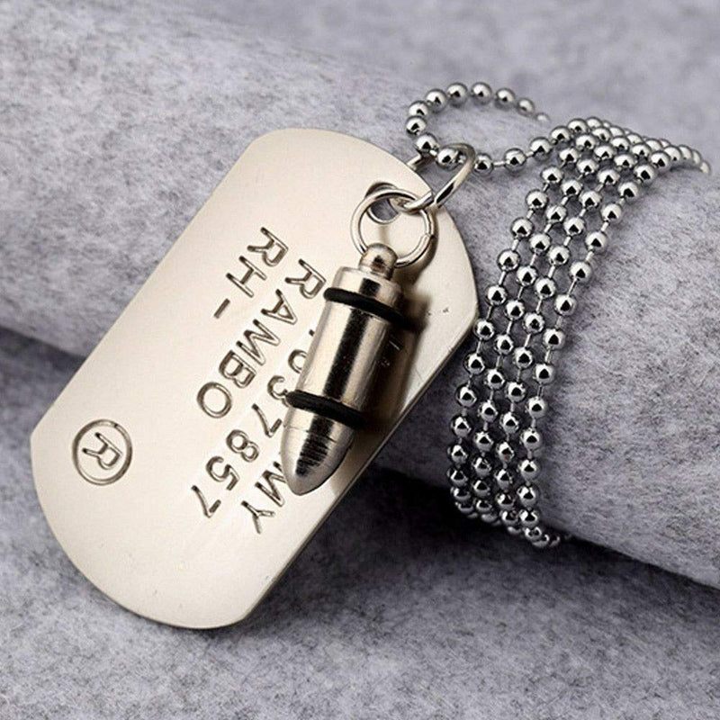 CMJ SILVER Bullet Dog Tag Pendant Necklace Military RAMBO ID Tag Ball Chain Fancy Dress Army - PawsPlanet Australia