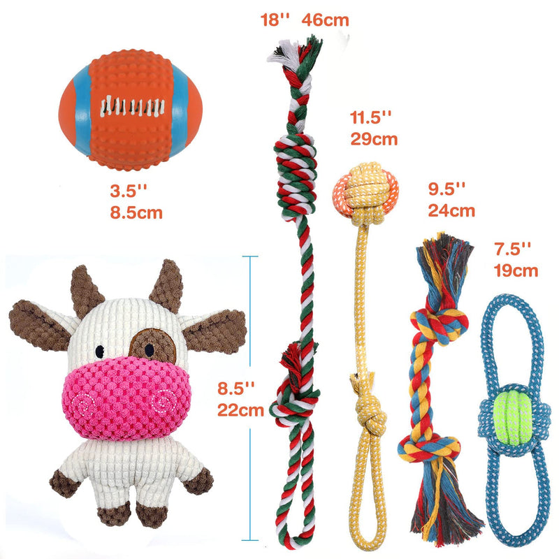 Sundrawy Small Dog Toys Squeaky Stuffed Plush Cuddly Puppy Toys Interactive Play Balls Tow Ropes for Chewing and Teething Selection of Pet Toys Gift Packages Cow Pro - PawsPlanet Australia