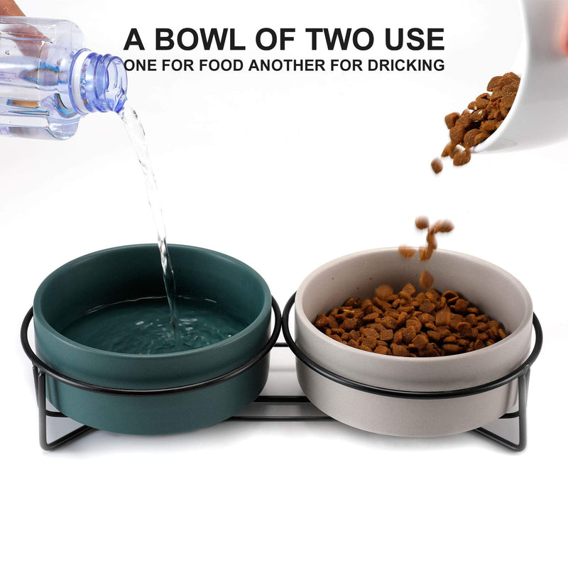 PETTOM Raised Cat Bowls Ceramic Double Cat Food and Water Bowl Set with Steel Stands for Cats and Small Dogs - Anti Vomiting, Spine Protection 400ml Grey+Green - PawsPlanet Australia