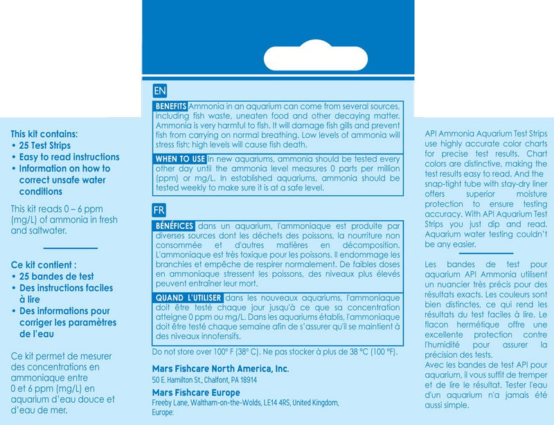 API AMMONIA TEST STRIPS Freshwater and Saltwater Aquarium Water Test Strips 25-Test Box, Model:33D - PawsPlanet Australia