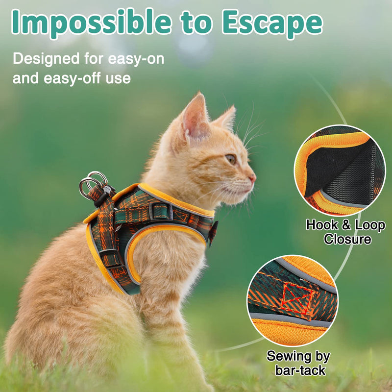 Soft Mesh Cat Harness Escape Proof Vest Harnesses for Outdoor Walking Reflestive Strap with Classic Plaid Pattern Adjustable Breathable XS Orange - PawsPlanet Australia