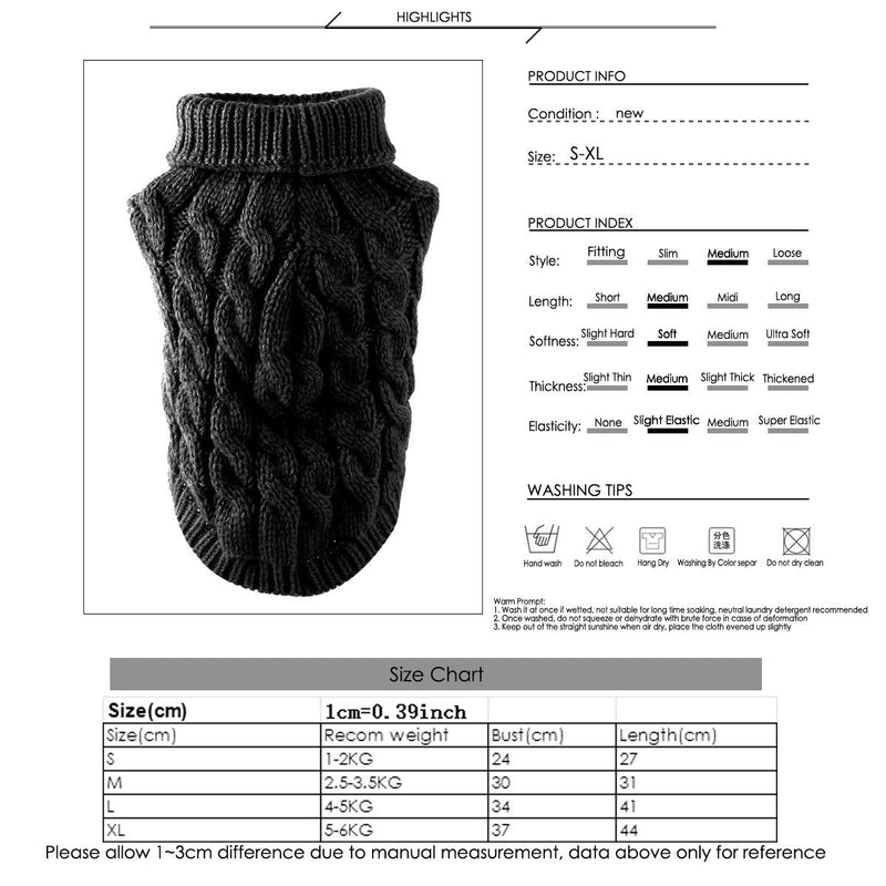 Pet Dog Turtleneck Knitting Sweater Coat Winter Warmer Thickening Pullover Knitwear Crochet Coat Clothes for Small Medium Large Dog Puppy Cat (S, Black) S - PawsPlanet Australia