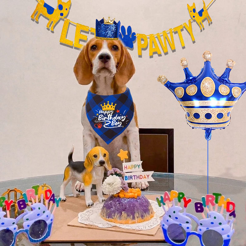 IDOLPET Dog Boy Birthday Party Supplies, Dog Birthday Bandana Scarf Bling Bling Cute Dog Bowtie Dog Party Crown Hat Banner Big Crown Shape Balloon for Small Medium Dogs Pets Puppies Blue - PawsPlanet Australia