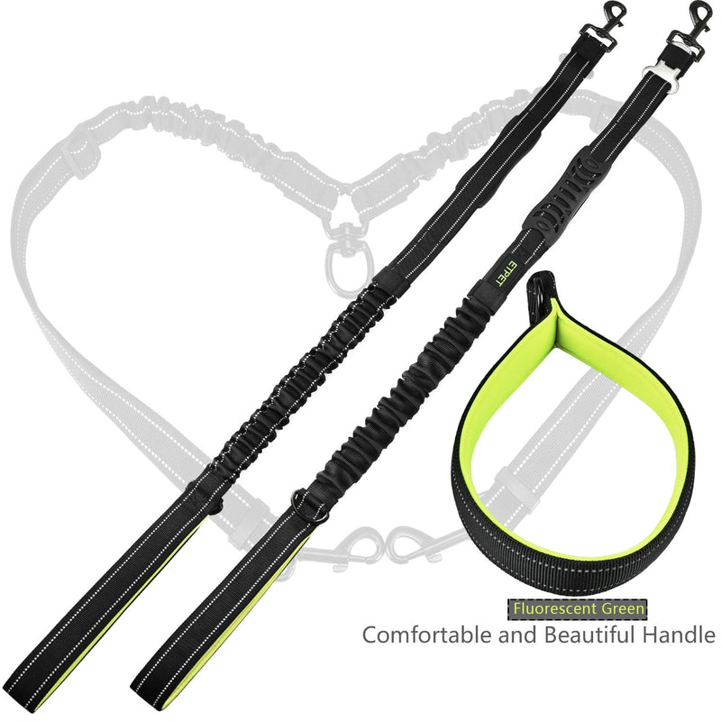 [Australia] - ETPET Dog Double Leash Car Seat Belt Dual Pet Leashes Traction Ropes with Elastic Bungee Reflective Stripe for Two Dogs or Cats Adjustable Tethers Leads Vehicle Seatbelt Travel Ropes Black+Green With Handle 