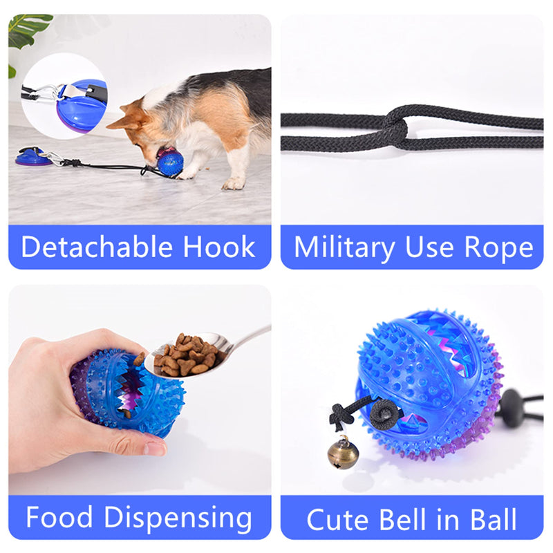 Dog Rope Puppy Chew Ball Toy Upgrade Suction Cup, Pet Cleaning Teeth Training Tool, Aggressive Chewers Interactive Squeaky Bell,Food Dispensing Prevents Boredom Relieves Stress Grembeb Purple Blue - PawsPlanet Australia