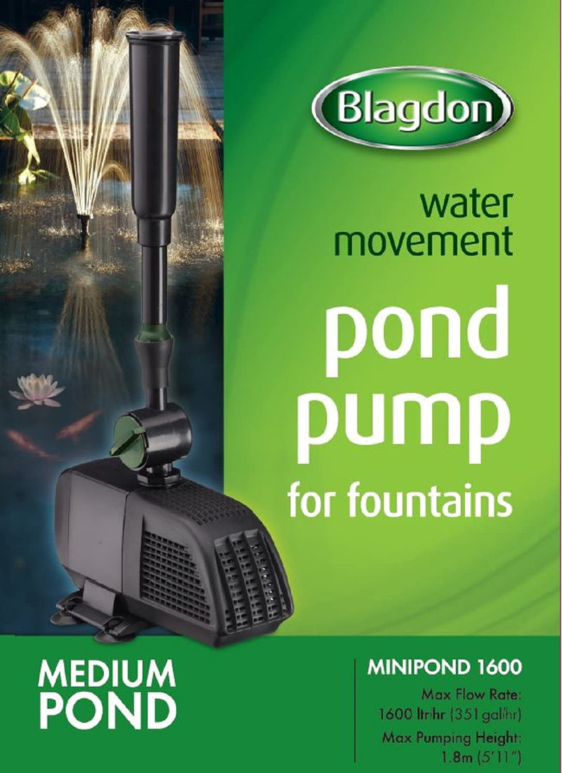 Blagdon Minipond Pond Pump 1600 (to Run Fountains for Medium Ponds up to 3582 Litre), 3 Fountain Heads - PawsPlanet Australia