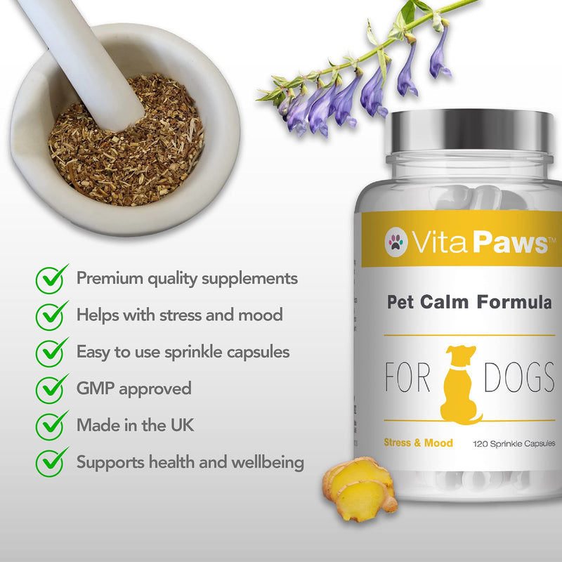 Pet Calm Formula for Dogs by VitaPaws | 120 Sprinkle Capsules | Supports Relaxation in Dogs | Manufactured in The UK. - PawsPlanet Australia