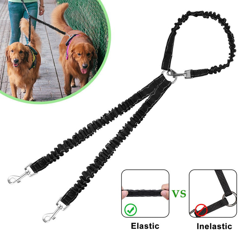 cocopet [New Version Heavy Duty Sturdy 3 Way Nylon No Tangle Bungee Dog Pet Coupler Leash Reflective, Adjustable No Pull Elastic Three Way Dog Trainnig Coupler, Jet Black - PawsPlanet Australia