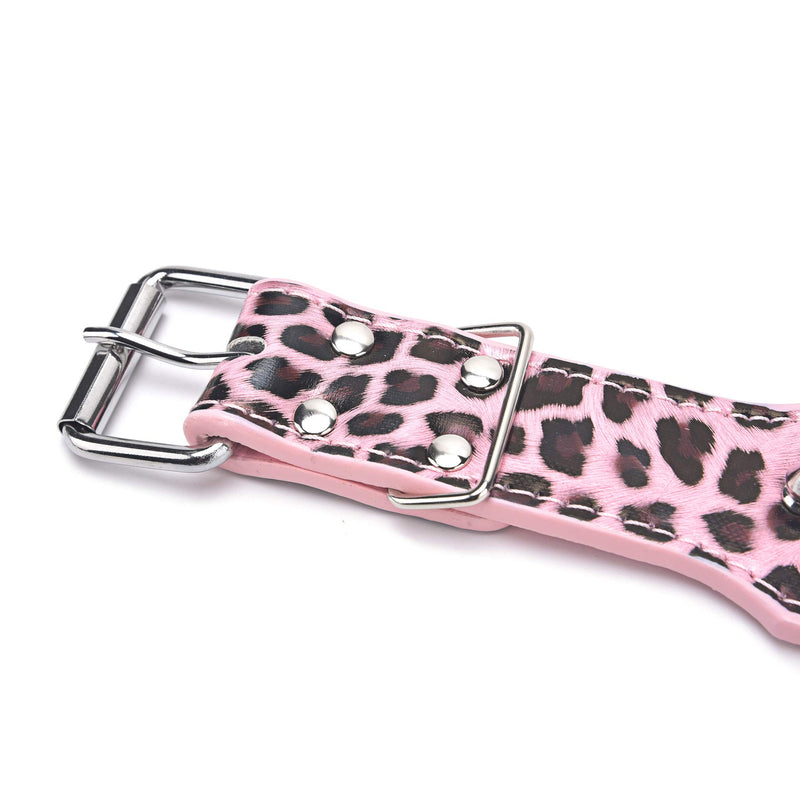 SEKAYISORE Leather Dog Collar with Mushrooms Spikes, 3 Rows Bullet Rivets Studded Dogs Collars, 2" Width Heavy Duty Adjustable Pet Collar for Small Medium and Large Dog, PINK LEOPARD M M 48-56CM - PawsPlanet Australia