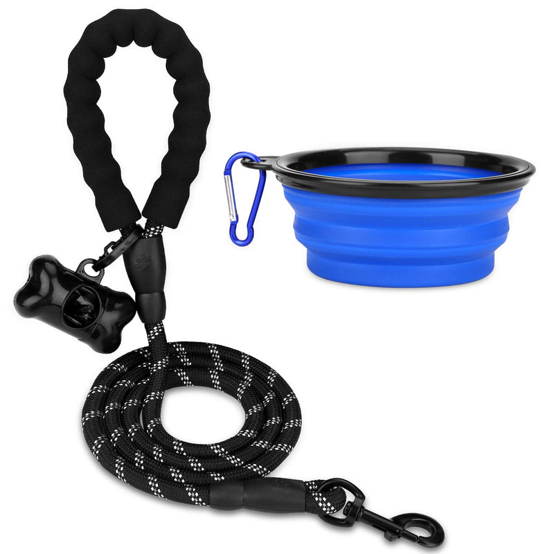 [Australia] - xjzx 5 FT Heavy Dog Leash - Comfortable Filling Handle, Heavy Metal Buckle and High Reflector, Suitable for Small, Medium and Large Dogs, with Foldable Free Pet Bowl 