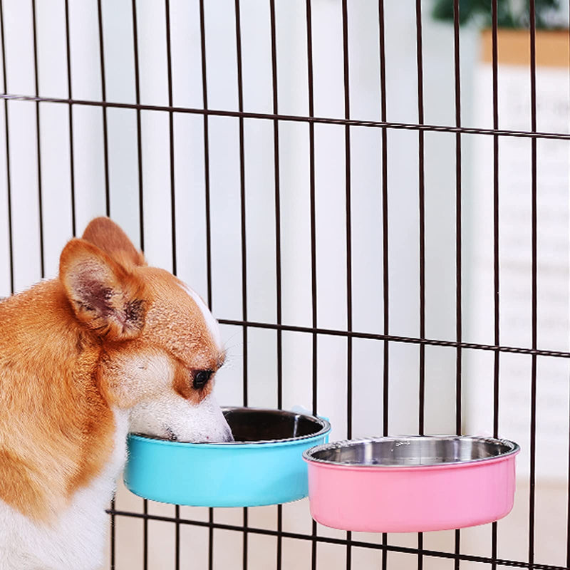 2 Pcs Pet Crate Water Bowl 2 IN 1 Pet Hanging Bowl Removable Stainless Steel Dog Bowls, Large Capacity Cat Feeding Bowls with Bolt Holder for Cats and Dogs and Other Small Animals - Blue, Pink - PawsPlanet Australia