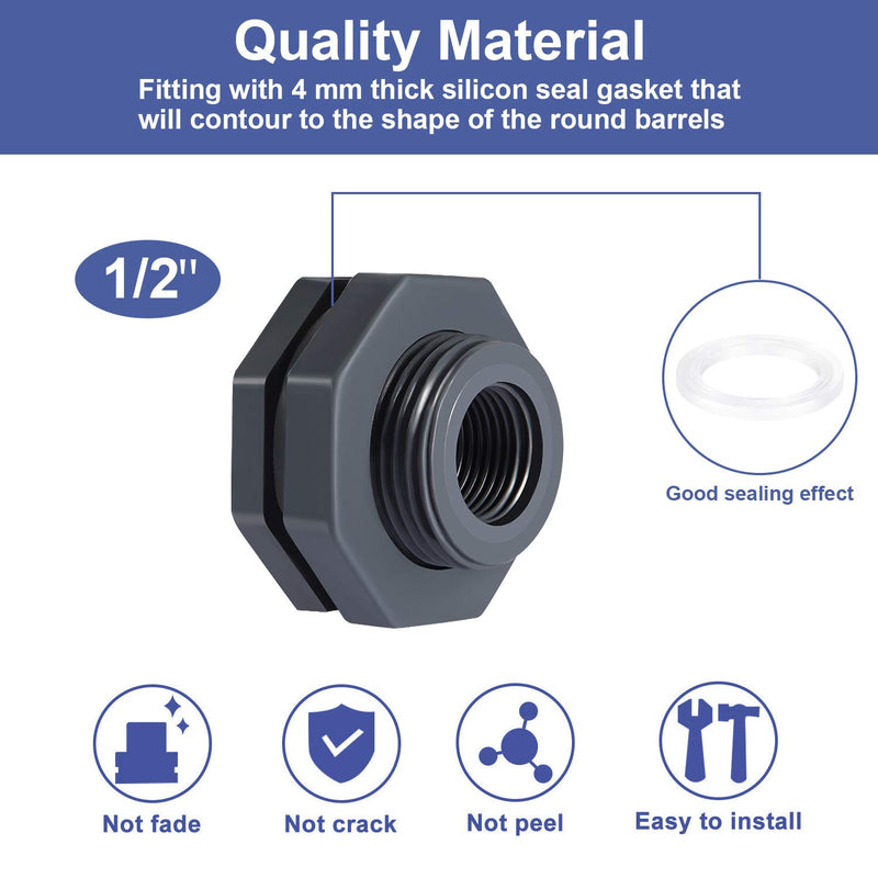 [Australia] - Outus 2 Pieces PVC Bulkhead Fitting for Rain Barrels, Aquariums, Water Tanks (1/2 Inch) 1/2 Inch 