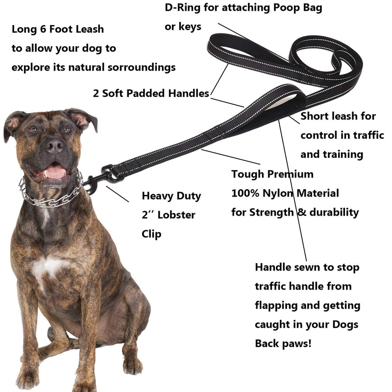 [Australia] - Gavpepy 3M Reflective Dog Leash 6ft Long with Traffic Padded Handle, Dog Training Leash Heavy Duty, Dog Poop Bag Dispenser Double Handle Lead for Greater Control Safety Training Large or Medium Dog Black 