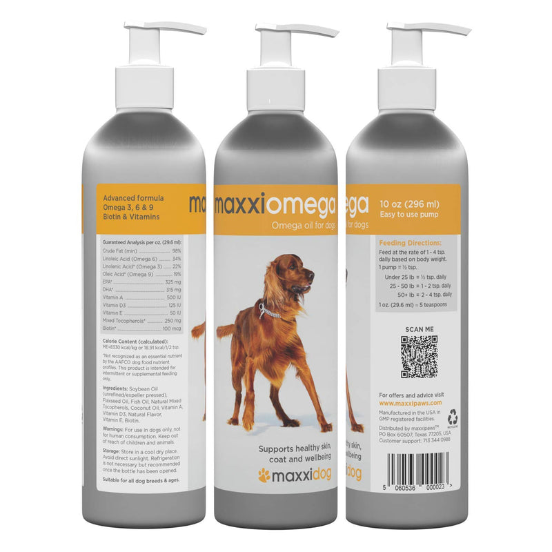 maxxipaws maxxiomega Oil for Dogs - Tasty Omega Supplement for Healthy Skin and Shiny Coat – Easy to Use Pump – Liquid 296 ml - PawsPlanet Australia
